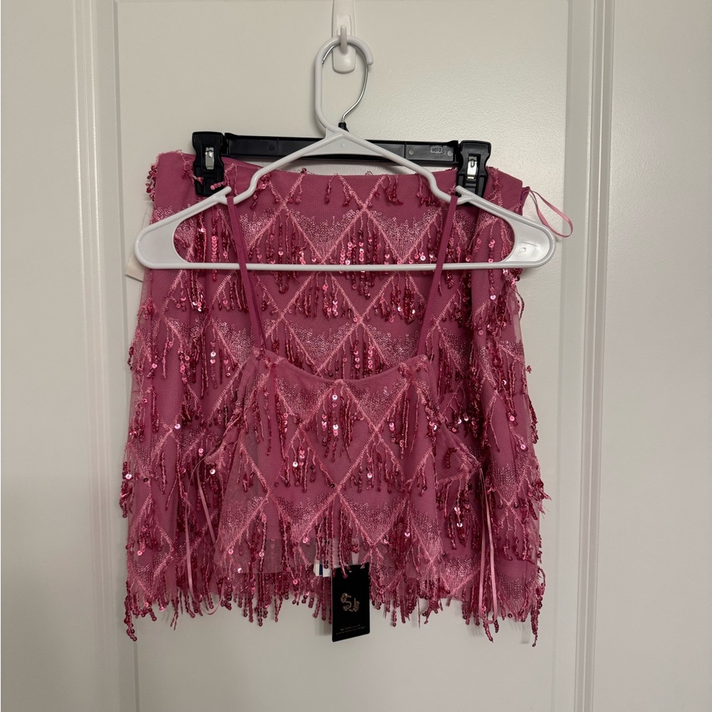 Pink Sequin Fringe Top & Skirt Set